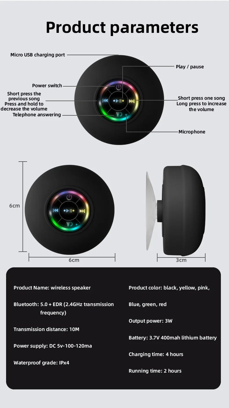 Altavoz Bluetooth Impermeable para Ducha con Luces LED - viralproducts